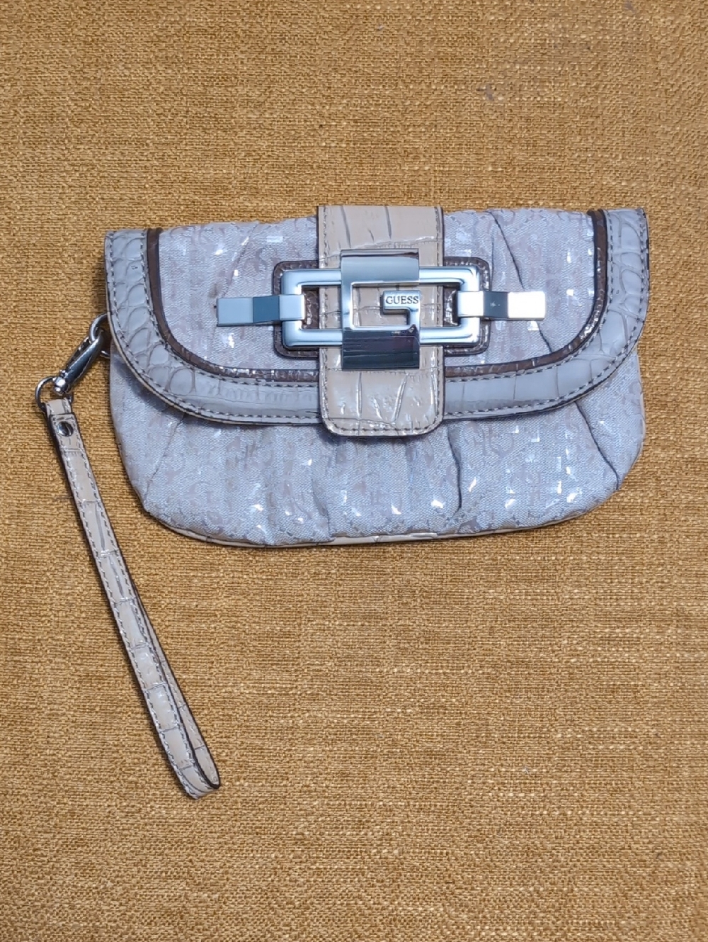 GUESS Beige Croc-Trim Wristlet Clutch with Silver Hardware